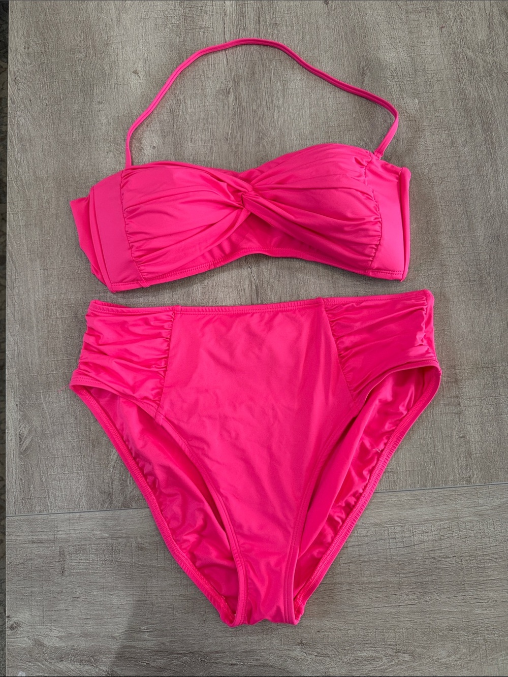 La Blanca Twist Bandeau Top & High Waist Shirred Bikini Bottom Sz 12 Azalea Pink